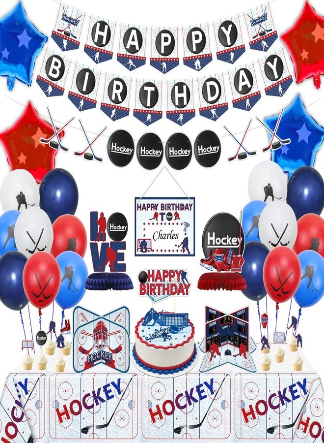 PIXHOTUL Ice Hockey Birthday Party Pack - Happy Banners, Tablecloth, Centerpieces, Cake Toppers, Balloons - Image 1